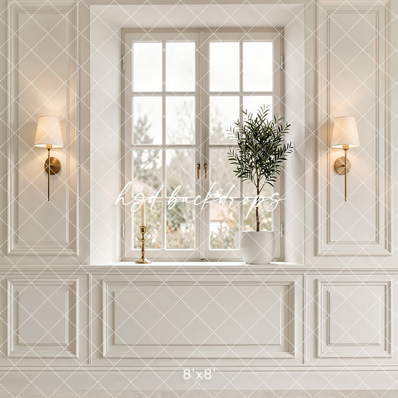 Elegant French window paneled wall photography backdrop with neutral molding, soft natural light windows, wall sconces, and refined European interior styling.