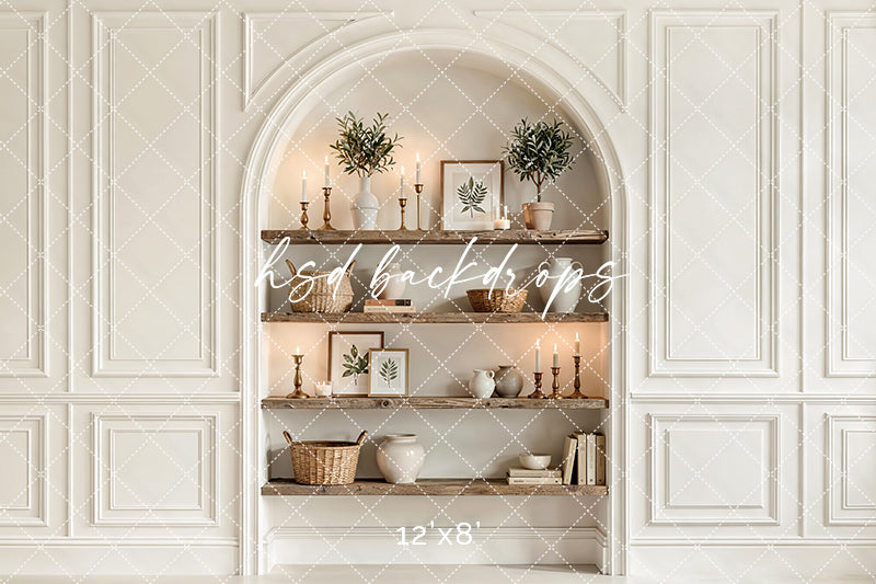 Neutral Arched Shelf Wall Photography Backdrop – Elegant Studio Interior Portrait Scene | HSD Backdrops