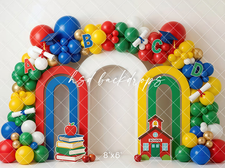 Back to School Balloon Arch Photography Backdrop – Colorful Kids Portrait Scene | HSD Backdrops
