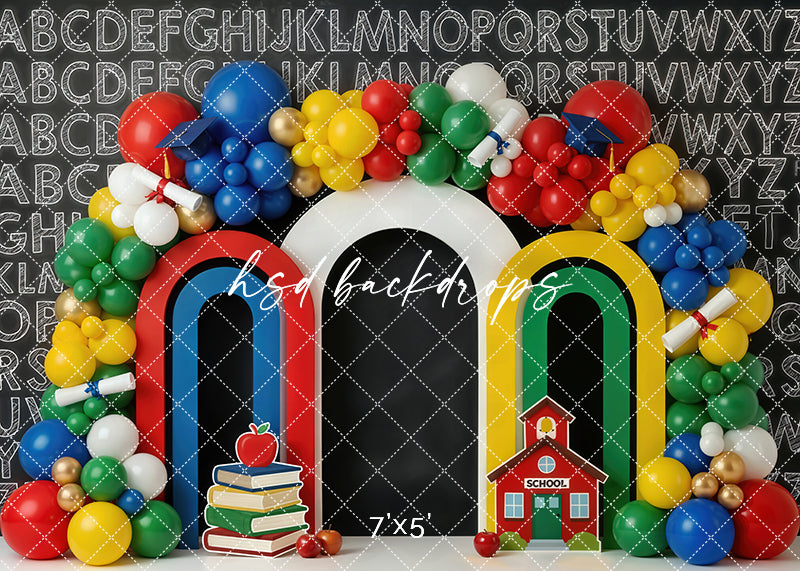 ABC chalkboard balloon arch photography backdrop with colorful balloons, alphabet background, books, apples, diplomas, and a schoolhouse for kids portrait photography.