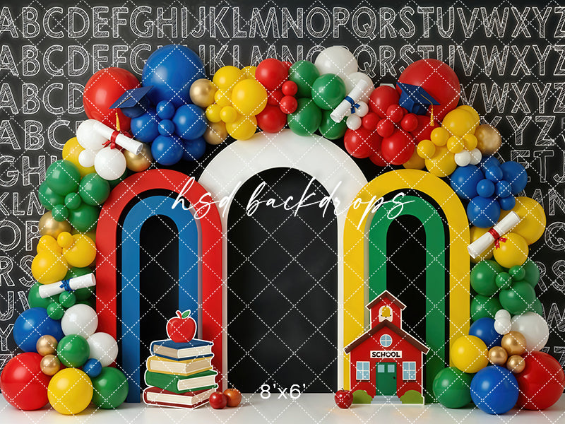 ABC Chalkboard Balloon Arch Photography Backdrop – Colorful Back to School Portrait Scene | HSD Backdrops