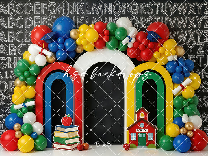 ABC Chalkboard Balloon Arch Photography Backdrop – Colorful Back to School Portrait Scene | HSD Backdrops