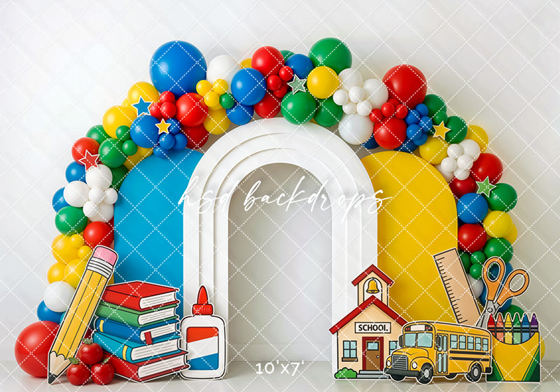 School Supplies Balloon Arch Photography Backdrop – Bright Back to School Portrait Scene | HSD Backdrops