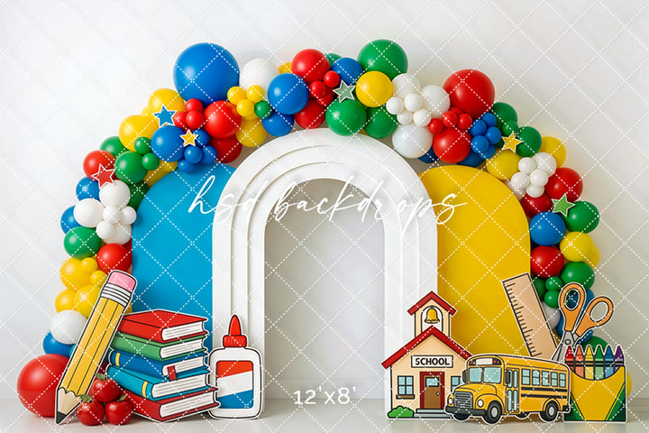 School Supplies Balloon Arch Photography Backdrop – Bright Back to School Portrait Scene | HSD Backdrops