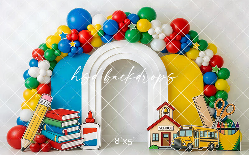 School Supplies Balloon Arch Photography Backdrop – Bright Back to School Portrait Scene | HSD Backdrops