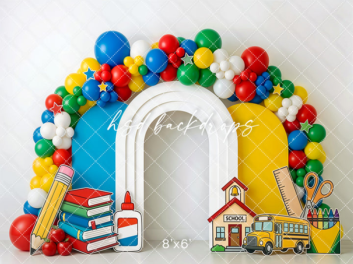 School Supplies Balloon Arch Photography Backdrop – Bright Back to School Portrait Scene | HSD Backdrops
