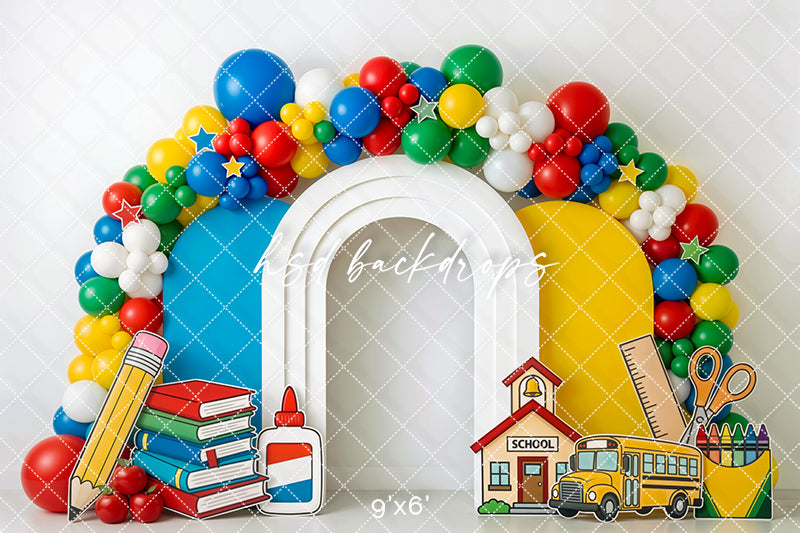 School Supplies Balloon Arch Photography Backdrop – Bright Back to School Portrait Scene | HSD Backdrops
