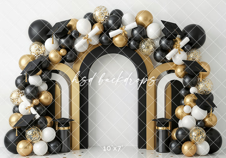 Black Gold Graduation Arch Photography Backdrop – Elegant Cap and Diploma Portrait Scene | HSD Backdrops