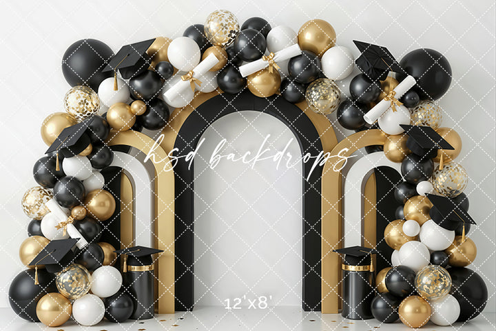 Black Gold Graduation Arch Photography Backdrop – Elegant Cap and Diploma Portrait Scene | HSD Backdrops