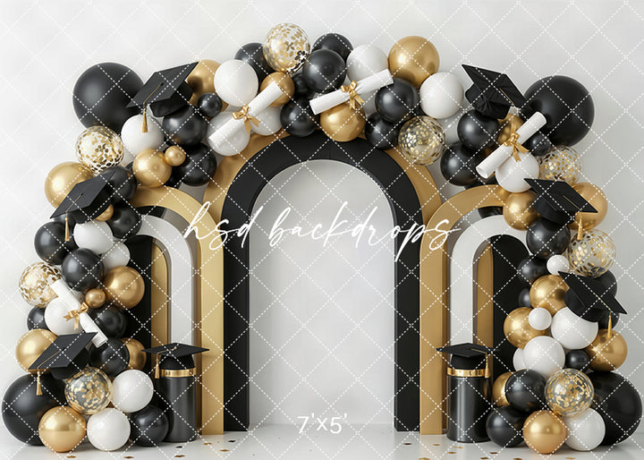 Black gold graduation arch photography backdrop with black, white, and gold balloons, graduation caps, diplomas, and layered arch details for formal portrait photography.