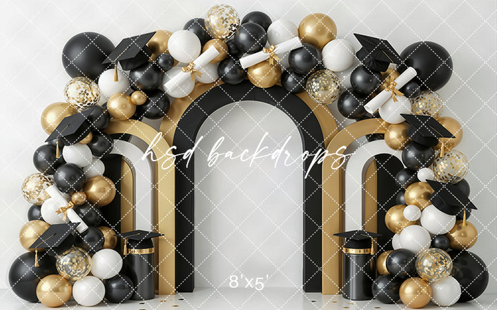 Black Gold Graduation Arch Photography Backdrop – Elegant Cap and Diploma Portrait Scene | HSD Backdrops