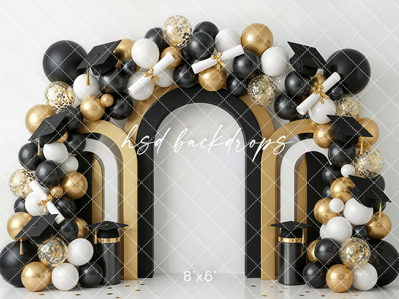 Black Gold Graduation Arch Photography Backdrop – Elegant Cap and Diploma Portrait Scene | HSD Backdrops
