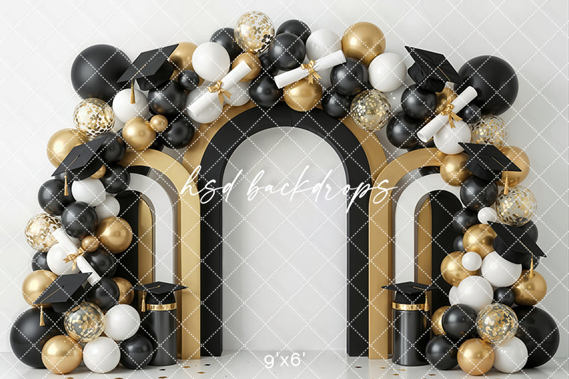Black Gold Graduation Arch Photography Backdrop – Elegant Cap and Diploma Portrait Scene | HSD Backdrops