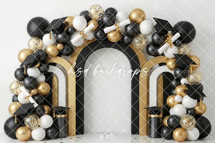 Black Gold Graduation Arch Photography Backdrop – Elegant Cap and Diploma Portrait Scene | HSD Backdrops