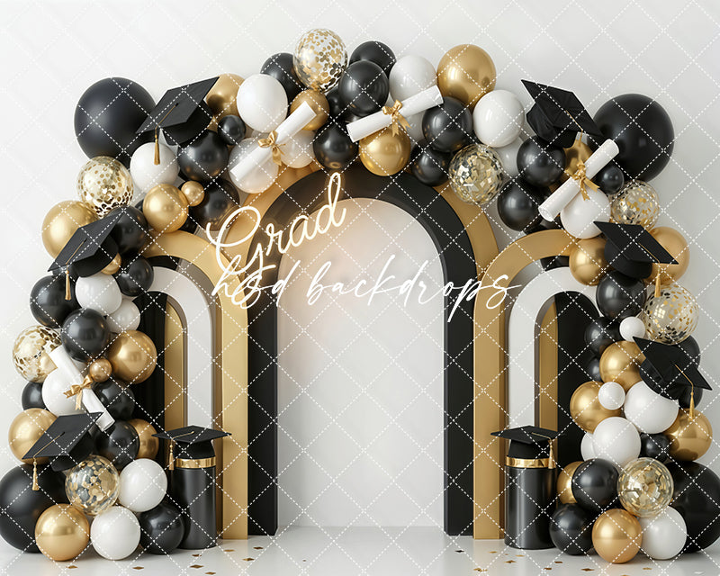 Grad Balloon Arch Photography Backdrop – Black and Gold Graduation Portrait Scene | HSD Backdrops
