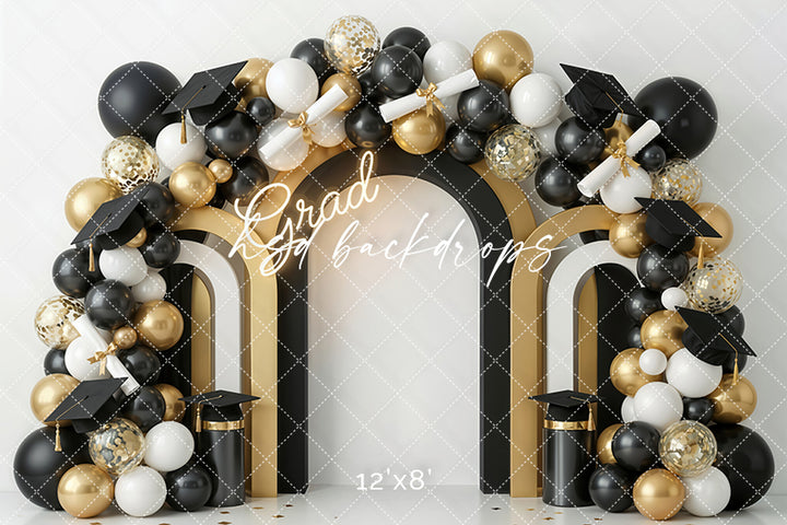 Grad Balloon Arch Photography Backdrop – Black and Gold Graduation Portrait Scene | HSD Backdrops