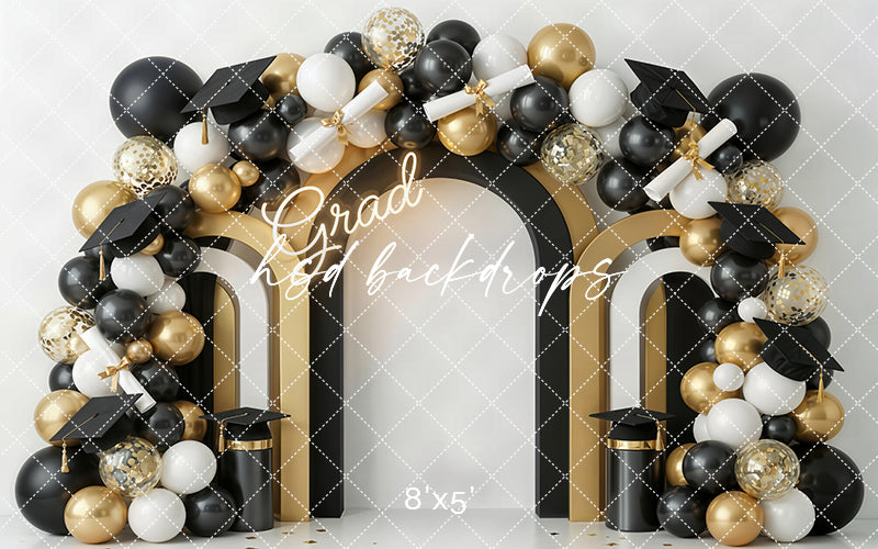 Grad Balloon Arch Photography Backdrop – Black and Gold Graduation Portrait Scene | HSD Backdrops