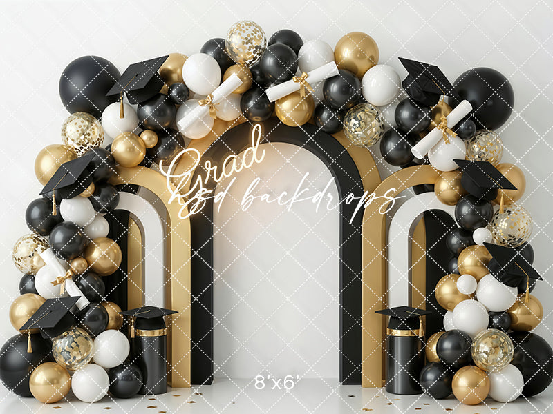 Grad Balloon Arch Photography Backdrop – Black and Gold Graduation Portrait Scene | HSD Backdrops