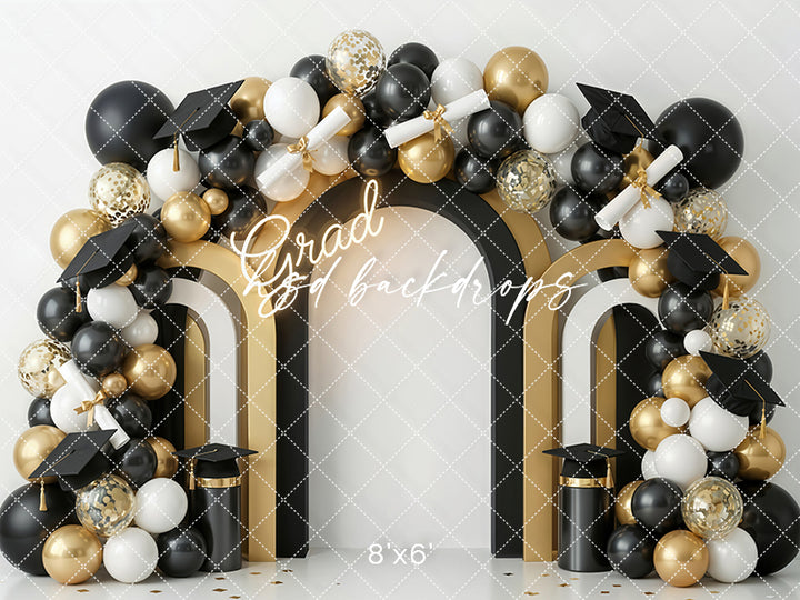 Grad Balloon Arch Photography Backdrop – Black and Gold Graduation Portrait Scene | HSD Backdrops