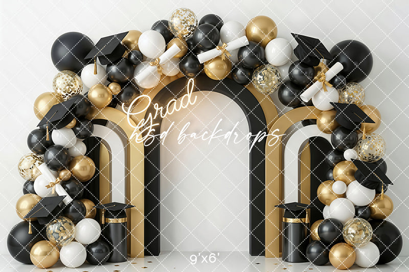 Grad Balloon Arch Photography Backdrop – Black and Gold Graduation Portrait Scene | HSD Backdrops
