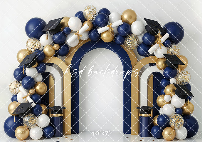 Navy Gold Graduation Arch Photography Backdrop – Elegant Senior Portrait Scene | HSD Backdrops