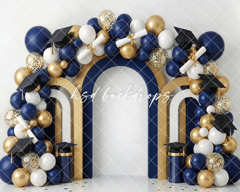 Navy Gold Graduation Arch Photography Backdrop – Elegant Senior Portrait Scene | HSD Backdrops