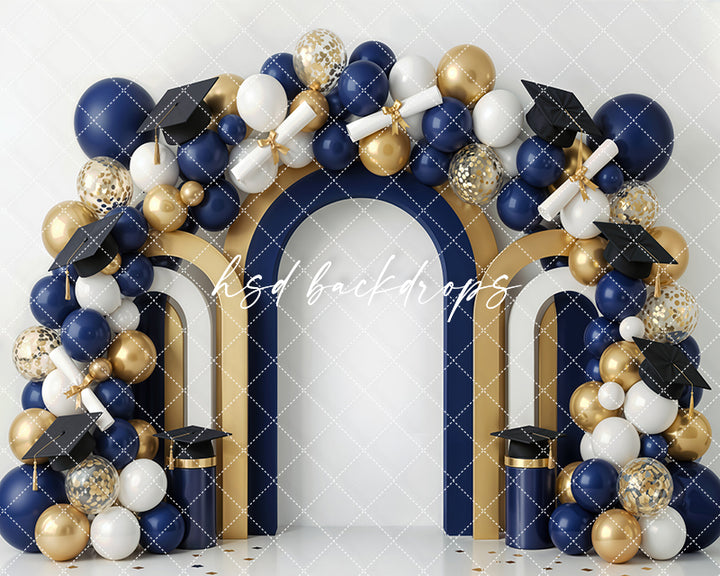 Navy Gold Graduation Arch Photography Backdrop – Elegant Senior Portrait Scene | HSD Backdrops