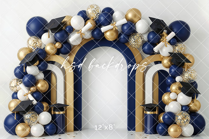 Navy Gold Graduation Arch Photography Backdrop – Elegant Senior Portrait Scene | HSD Backdrops