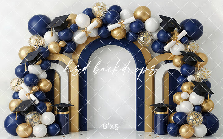 Navy Gold Graduation Arch Photography Backdrop – Elegant Senior Portrait Scene | HSD Backdrops