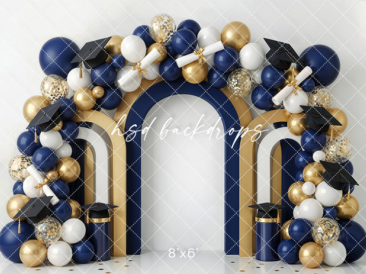Navy Gold Graduation Arch Photography Backdrop – Elegant Senior Portrait Scene | HSD Backdrops