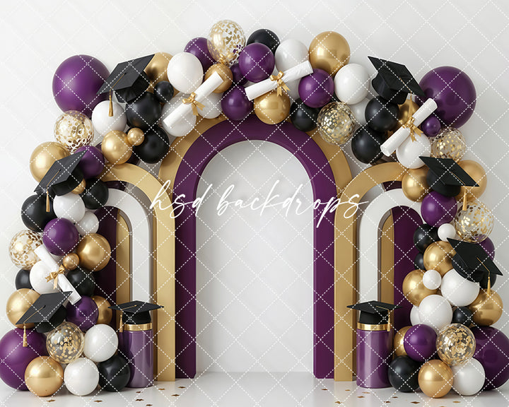 Purple Gold Graduation Arch Photography Backdrop – Elegant Celebration Portrait Scene | HSD Backdrops