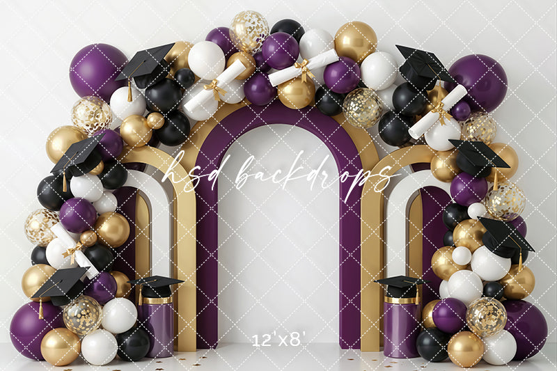 Purple Gold Graduation Arch Photography Backdrop – Elegant Celebration Portrait Scene | HSD Backdrops