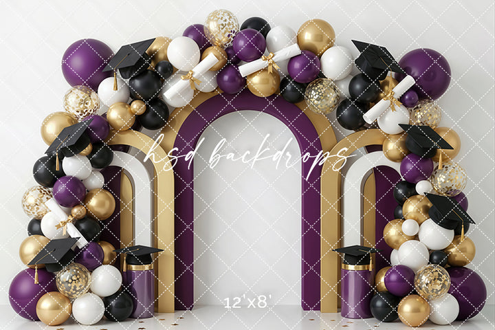 Purple Gold Graduation Arch Photography Backdrop – Elegant Celebration Portrait Scene | HSD Backdrops