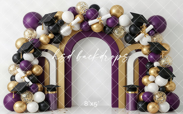 Purple Gold Graduation Arch Photography Backdrop – Elegant Celebration Portrait Scene | HSD Backdrops