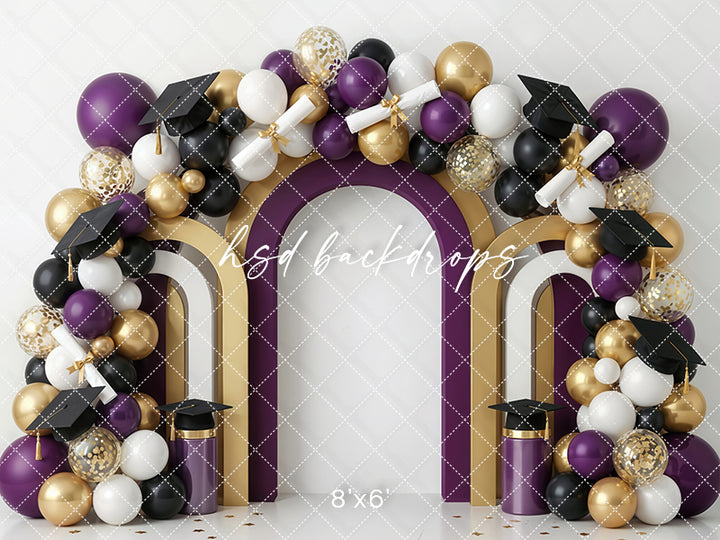 Purple Gold Graduation Arch Photography Backdrop – Elegant Celebration Portrait Scene | HSD Backdrops