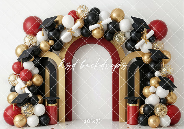 Red Gold Graduation Arch Photography Backdrop – Bold Celebration Portrait Scene | HSD Backdrops
