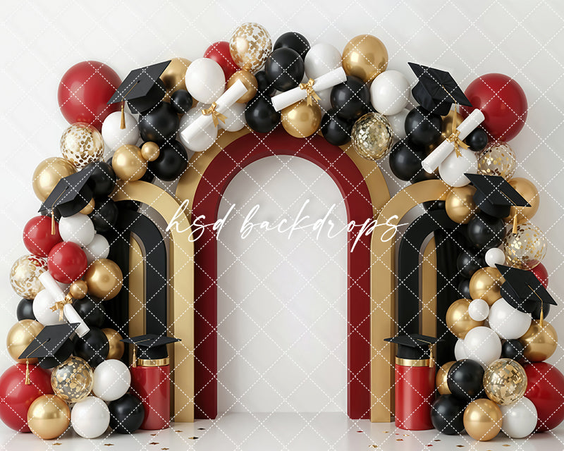 Red Gold Graduation Arch Photography Backdrop – Bold Celebration Portrait Scene | HSD Backdrops