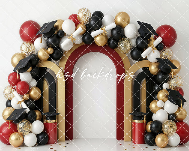 Red Gold Graduation Arch Photography Backdrop – Bold Celebration Portrait Scene | HSD Backdrops