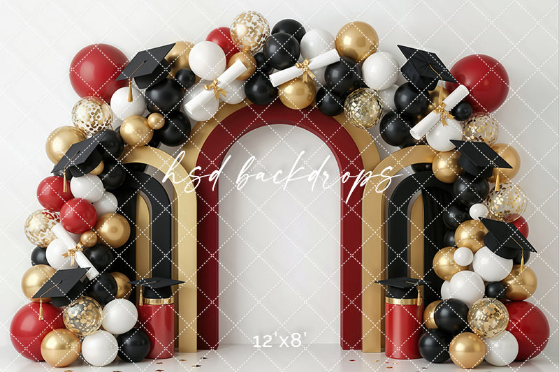 Red Gold Graduation Arch Photography Backdrop – Bold Celebration Portrait Scene | HSD Backdrops