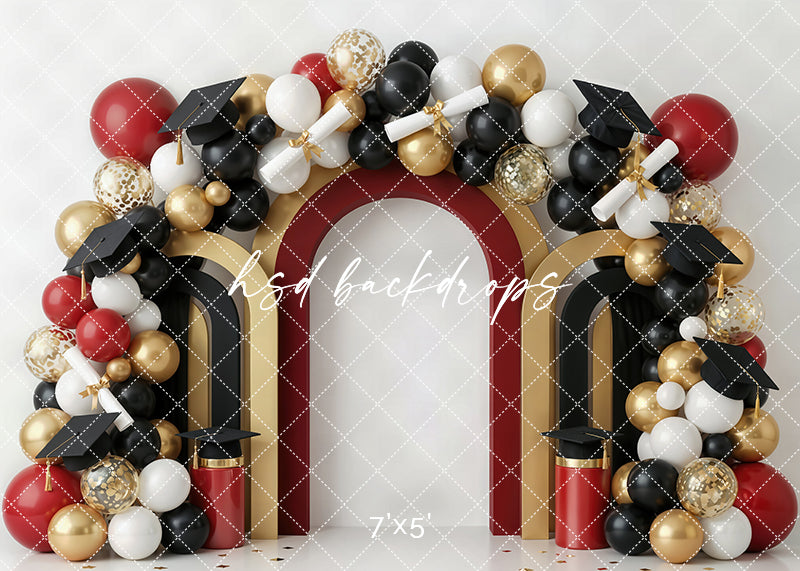 Red gold graduation arch photography backdrop with red, black, white, and gold balloons, graduation caps, diplomas, and layered arch details for portrait photography.