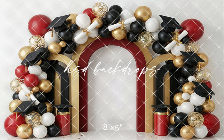 Red Gold Graduation Arch Photography Backdrop – Bold Celebration Portrait Scene | HSD Backdrops