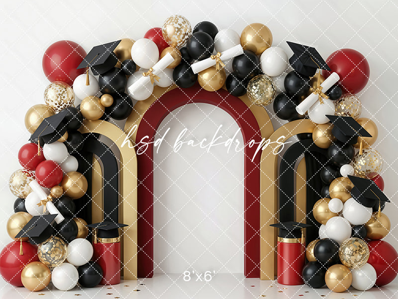 Red Gold Graduation Arch Photography Backdrop – Bold Celebration Portrait Scene | HSD Backdrops