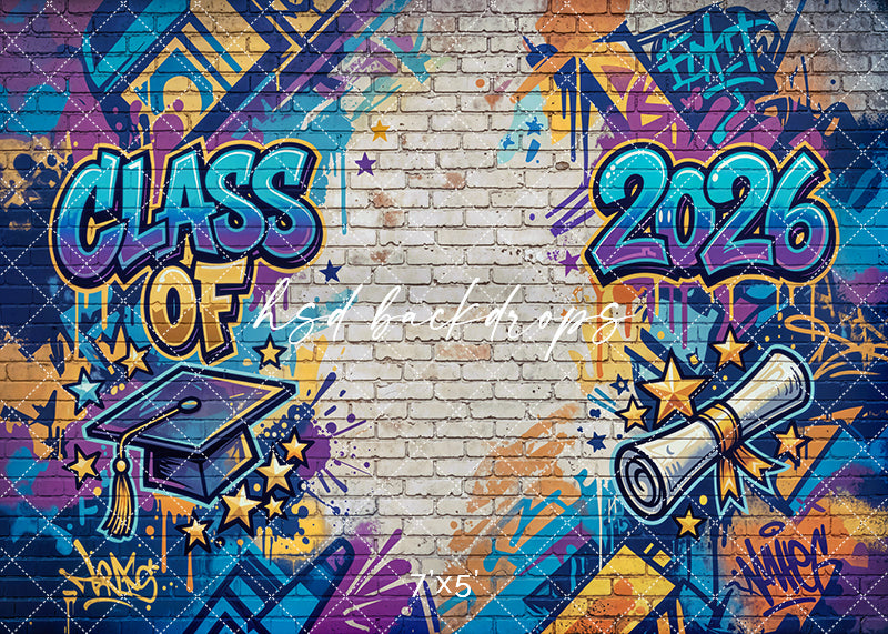 Class of 2026 graffiti wall photography backdrop with colorful street art, diploma, graduation cap, stars, and white brick wall for urban graduation portraits.