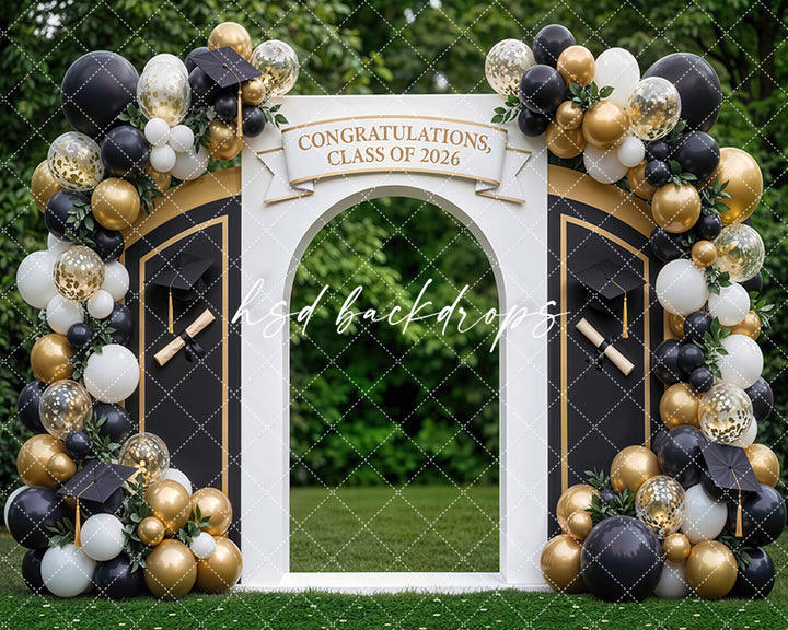Class of 2026 Graduation Arch Photography Backdrop – Black and Gold Senior Portrait Scene | HSD Backdrops