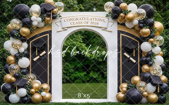 Class of 2026 Graduation Arch Photography Backdrop – Black and Gold Senior Portrait Scene | HSD Backdrops