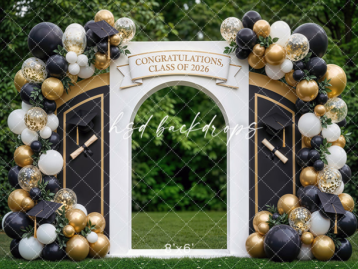 Class of 2026 Graduation Arch Photography Backdrop – Black and Gold Senior Portrait Scene | HSD Backdrops