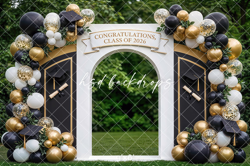 Class of 2026 Graduation Arch Photography Backdrop – Black and Gold Senior Portrait Scene | HSD Backdrops