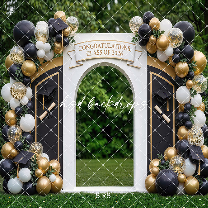 Class of 2026 Graduation Arch Photography Backdrop – Black and Gold Senior Portrait Scene | HSD Backdrops