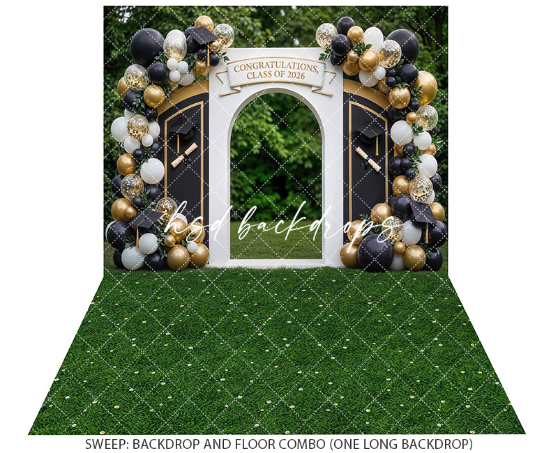 Class of 2026 Graduation Arch Photography Backdrop – Black and Gold Senior Portrait Scene | HSD Backdrops