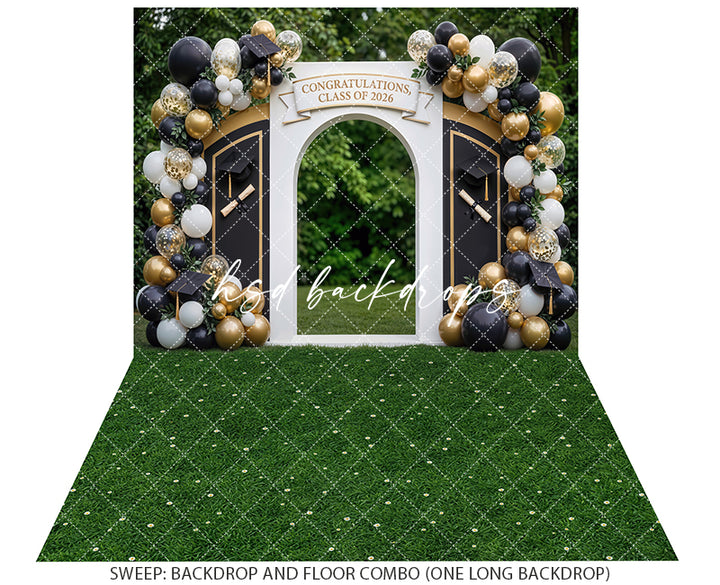 Class of 2026 Graduation Arch Photography Backdrop – Black and Gold Senior Portrait Scene | HSD Backdrops